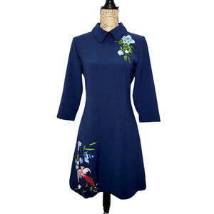 D & R Classic Embroidered Floral Double Collar Dress Women's Plus Size XXL Blue